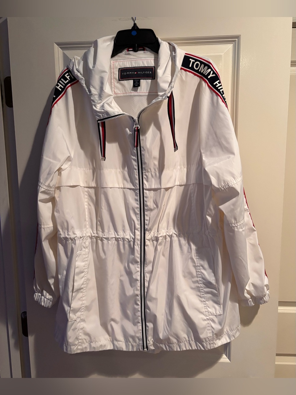 Tommy Hilfiger Women’s XL White Logo Tape Hooded Windbreaker Jacket